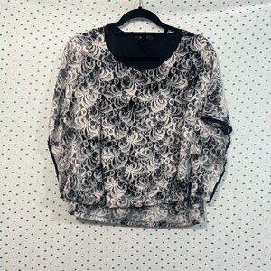 Style & Co. White & Black Lace Rushed Waist Short Sleeve Blouse